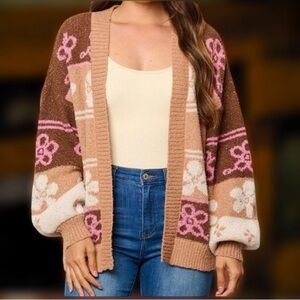 Floral Cardigan Sweater Pink, Brown, and Cream Small / Medium NWT